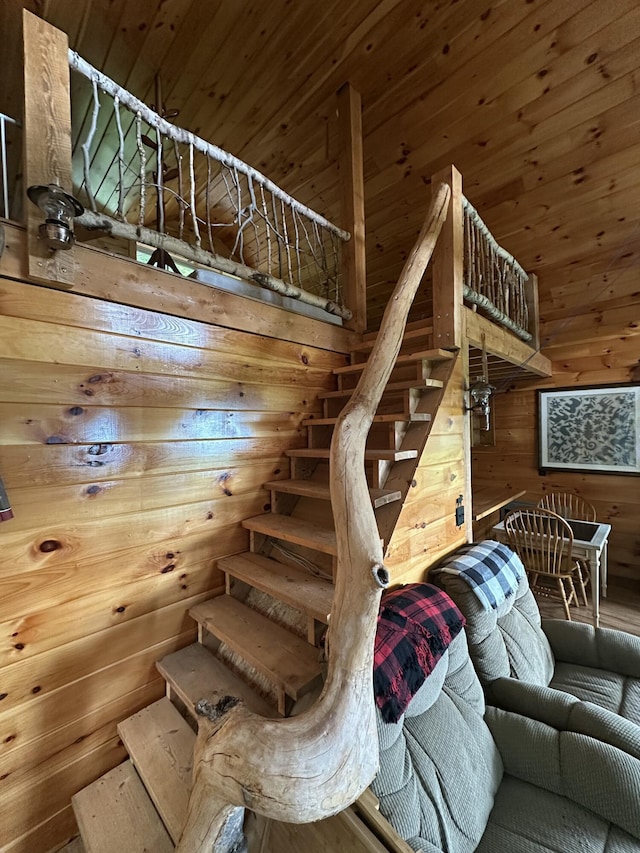 322 Lamb Rd, Roxbury, ME 04275 - stairway featuring wooden walls and wooden ceiling