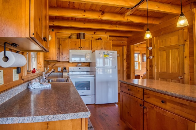 49 Winston Rd, Rangeley, ME 04970 - kitchen with white appliances, a wooden ceiling with exposed beams, dark wood-type flooring, wood walls, and brown cabinets