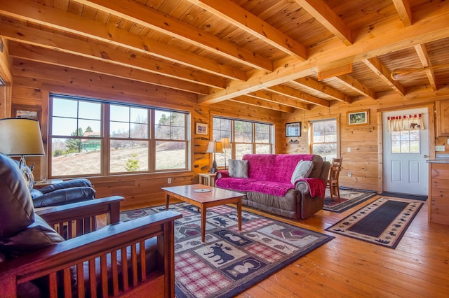 49 Winston Rd, Rangeley, ME 04970 - living area featuring a wood ceiling with exposed beams, wooden walls, and hardwood / wood-style flooring