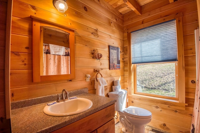 49 Winston Rd, Rangeley, ME 04970 - bathroom featuring wooden walls, a wooden ceiling with exposed beams, vanity, and a shower with shower curtain