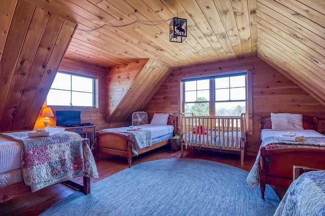 49 Winston Rd, Rangeley, ME 04970 - bedroom featuring wooden walls, wood finished floors, wood ceiling, and lofted ceiling