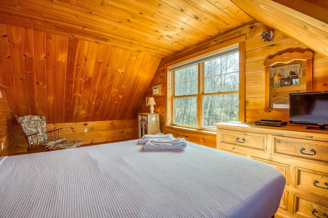 49 Winston Rd, Rangeley, ME 04970 - bedroom featuring lofted ceiling, wood walls, and wood ceiling