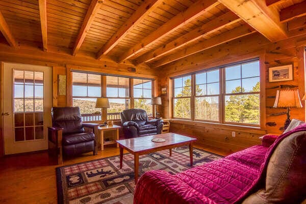 49 Winston Rd, Rangeley, ME 04970 - living area featuring wood walls, wood finished floors, and a wooden ceiling with exposed beams
