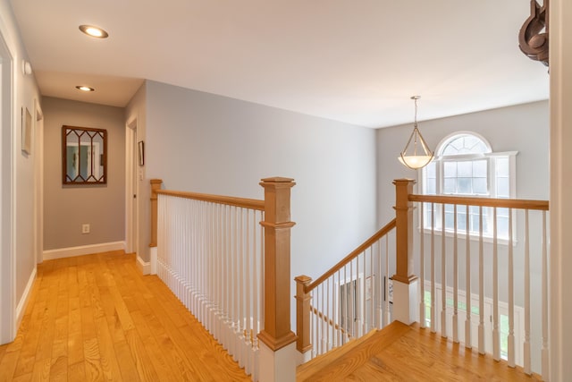 34 Perk Orock Landing Rd, Orono, ME 04473 - corridor featuring an upstairs landing, light wood-type flooring, and recessed lighting