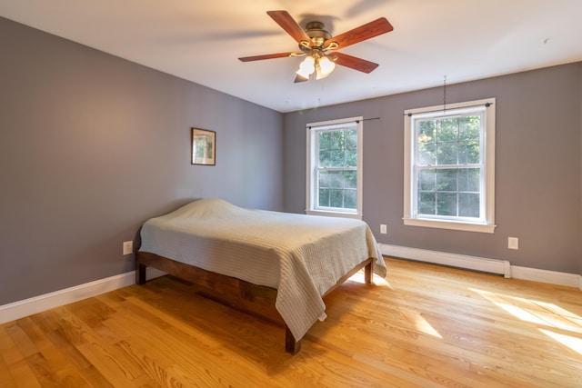 34 Perk Orock Landing Rd, Orono, ME 04473 - bedroom with baseboard heating, light wood-type flooring, and a ceiling fan