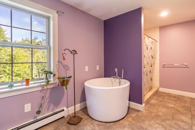 34 Perk Orock Landing Rd, Orono, ME 04473 - full bath with baseboard heating, a shower with shower curtain, plenty of natural light, a soaking tub, and recessed lighting