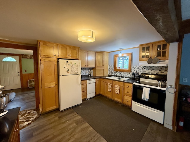 1897 Pequawket Trl, Hiram, ME 04041 - kitchen with white appliances, ventilation hood, backsplash, and dark wood finished floors