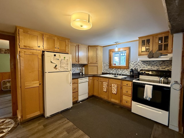 1897 Pequawket Trl, Hiram, ME 04041 - kitchen featuring white appliances, decorative backsplash, dark countertops, dark wood finished floors, and glass insert cabinets