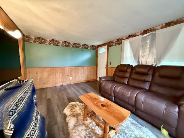 1897 Pequawket Trl, Hiram, ME 04041 - living room featuring wooden walls, a wainscoted wall, and wood finished floors