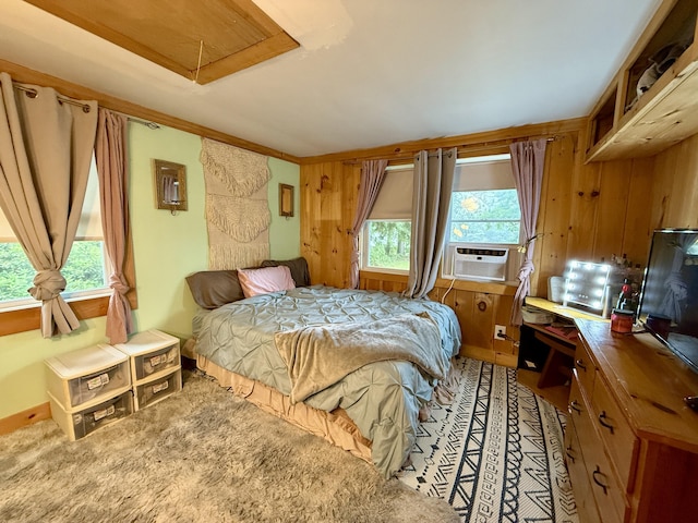 1897 Pequawket Trl, Hiram, ME 04041 - bedroom with attic access, cooling unit, light colored carpet, and wood walls