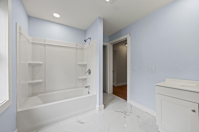 27 Bradford Rd, Wiscasset, ME 04578 - full bath featuring marble look tile flooring, bathtub / shower combination, and vanity