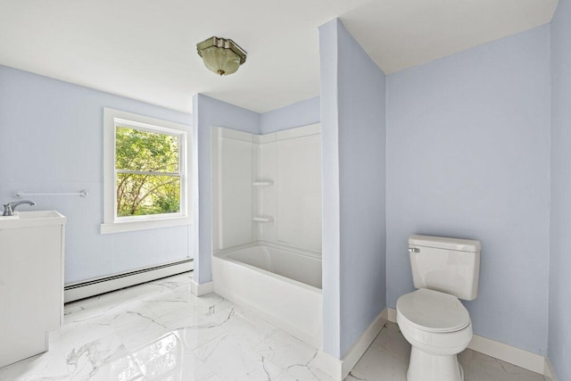 27 Bradford Rd, Wiscasset, ME 04578 - bathroom with a baseboard heating unit, marble finish floors, vanity, and bathtub / shower combination