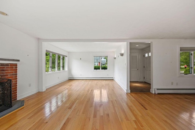 13 Community House Rd, Kennebunkport, ME 04046 - unfurnished living room with a baseboard radiator, light wood finished floors, and a brick fireplace