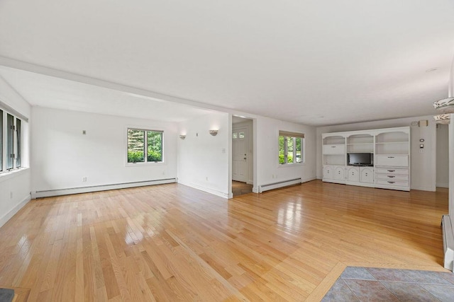13 Community House Rd, Kennebunkport, ME 04046 - unfurnished living room featuring a baseboard heating unit, light wood-style floors, and plenty of natural light