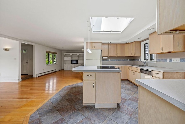 13 Community House Rd, Kennebunkport, ME 04046 - kitchen with light brown cabinets, white appliances, baseboard heating, a skylight, and a kitchen island