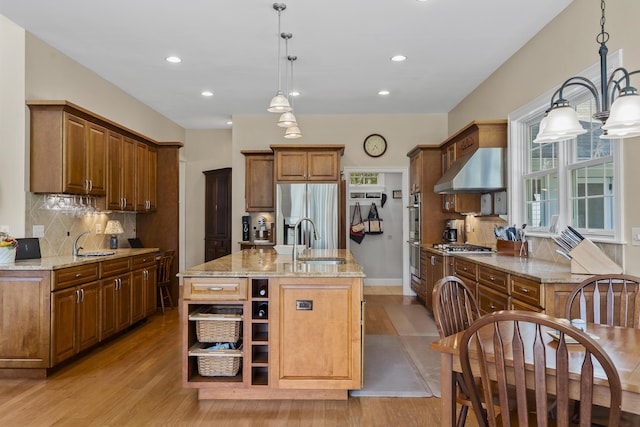28 Evergreen Dr, Boothbay, ME 04537 - kitchen featuring appliances with stainless steel finishes, under cabinet range hood, backsplash, light wood-style flooring, and recessed lighting