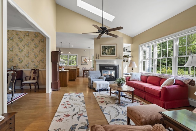 28 Evergreen Dr, Boothbay, ME 04537 - living room with a glass covered fireplace, light wood-style floors, a skylight, a ceiling fan, and wainscoting
