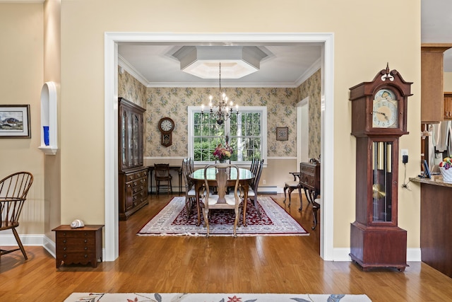 28 Evergreen Dr, Boothbay, ME 04537 - dining area with wallpapered walls, wood finished floors, a chandelier, ornamental molding, and a wainscoted wall