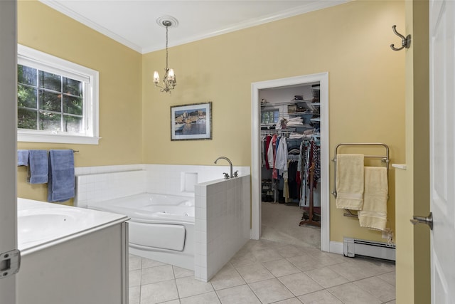 28 Evergreen Dr, Boothbay, ME 04537 - bathroom with a baseboard heating unit, a tub with jets, tile patterned floors, a chandelier, and crown molding