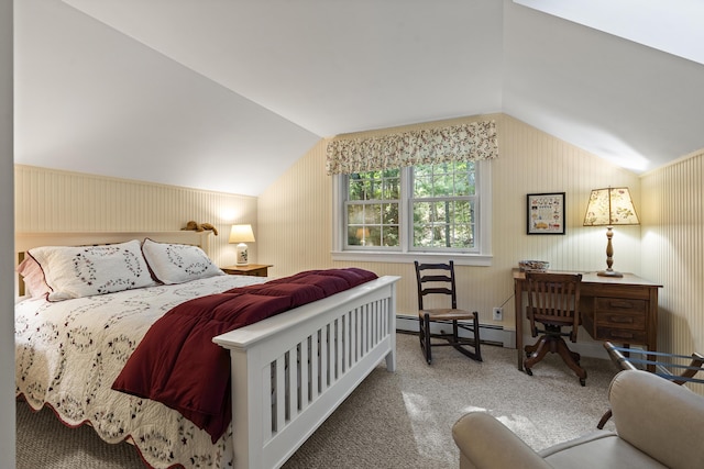 28 Evergreen Dr, Boothbay, ME 04537 - bedroom featuring a baseboard heating unit, lofted ceiling, and carpet
