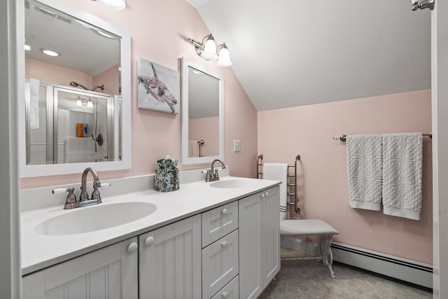 28 Evergreen Dr, Boothbay, ME 04537 - bathroom with a baseboard radiator, lofted ceiling, a shower stall, and double vanity