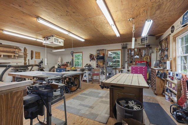 28 Evergreen Dr, Boothbay, ME 04537 - garage with a workshop area and wooden ceiling