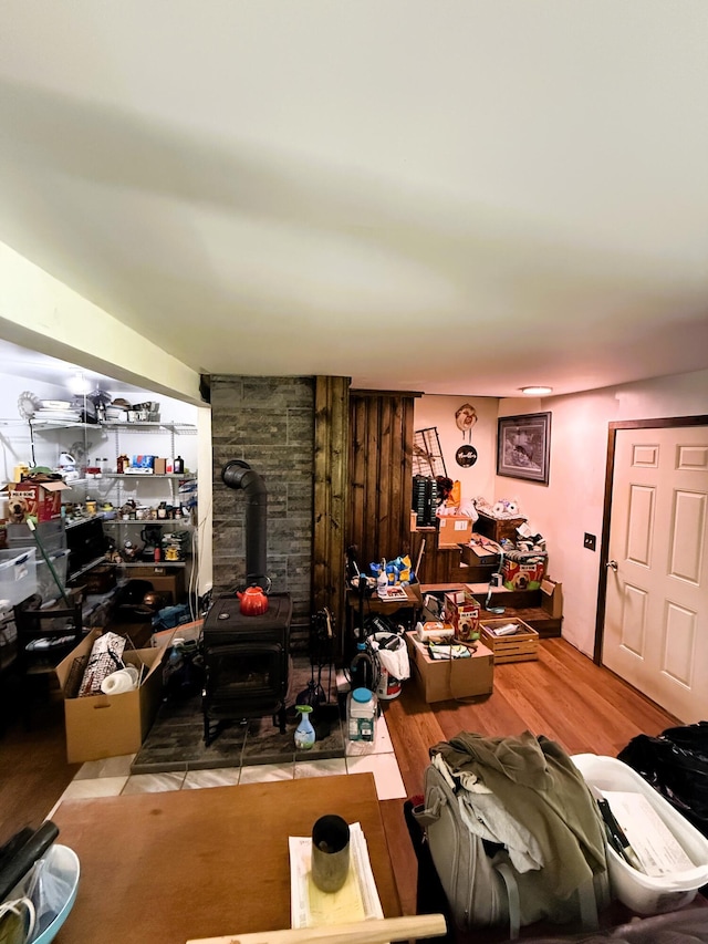 1199 Bunker Hill Rd, Jefferson, ME 04348 - living area featuring a wood stove and wood finished floors