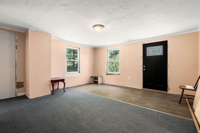 276 W St, Biddeford, ME 04005 - carpeted entrance foyer featuring ornamental molding, a textured ceiling, and wood finished floors