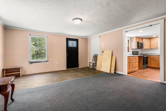 276 W St, Biddeford, ME 04005 - unfurnished living room featuring ornamental molding, light colored carpet, a textured ceiling, and light wood-style floors