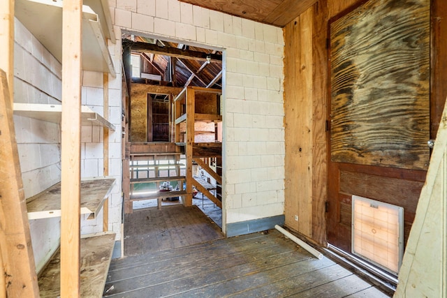 276 W St, Biddeford, ME 04005 - corridor with dark wood-type flooring and wood walls