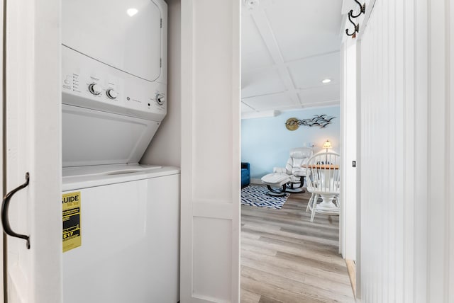 7 Bay Ave Unit 11, Old Orchard Beach, ME 04064 - laundry area with stacked washer / dryer and light wood finished floors