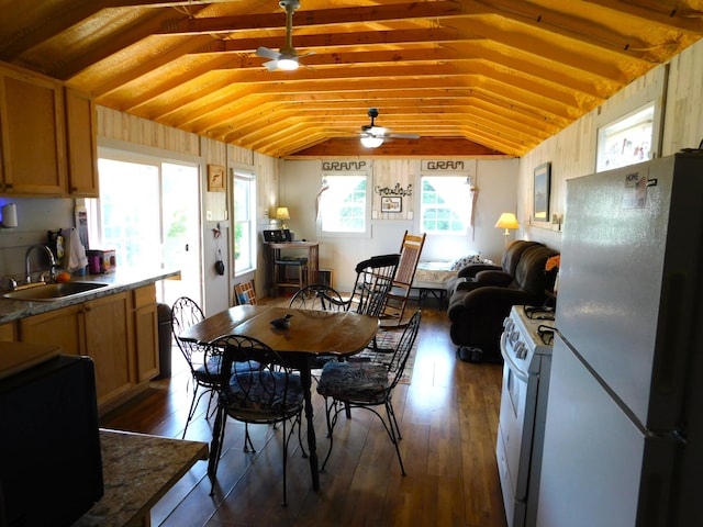 208 Fern Rd, Dexter, ME 04930 - dining room with a ceiling fan, hardwood / wood-style floors, and lofted ceiling
