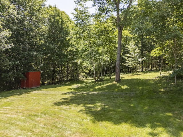 102 Mountain View Rd, Leeds, ME 04263 - view of green lawn featuring an outbuilding and a view of trees