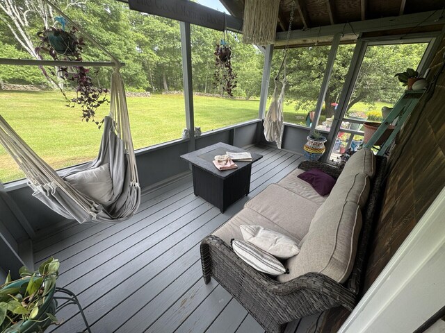 71 Garland Rd, Dixmont, ME 04932 - wooden terrace featuring a lawn and an outdoor hangout area