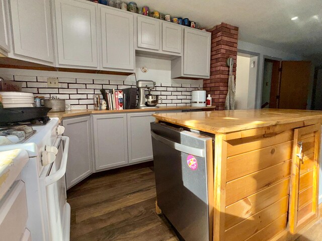 520 W Shore Rd, Sorrento, ME 04677 - kitchen featuring dishwasher, butcher block counters, white gas range oven, decorative backsplash, and dark wood finished floors
