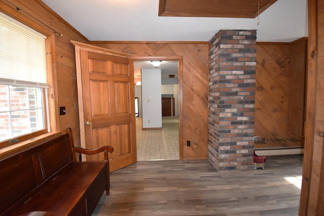94 Blaisdell Rd, Newport, ME 04953 - foyer featuring wooden walls, a baseboard radiator, and wood finished floors