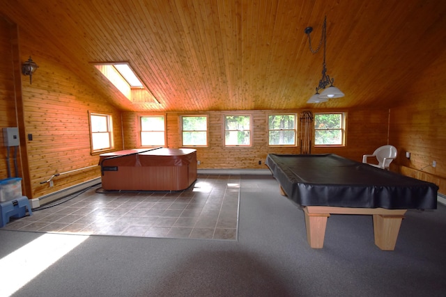 94 Blaisdell Rd, Newport, ME 04953 - recreation room with vaulted ceiling, wooden walls, a baseboard heating unit, wood ceiling, and billiards