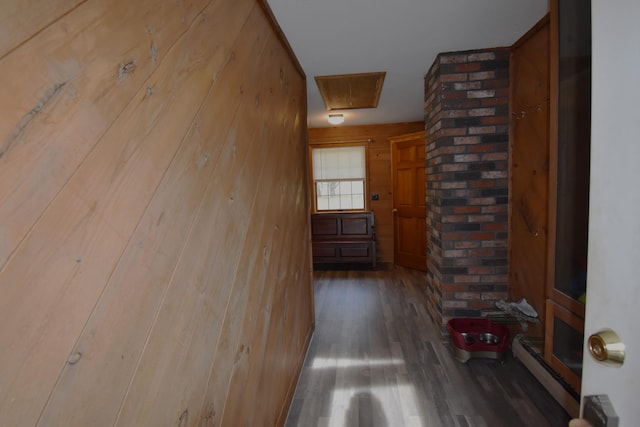 94 Blaisdell Rd, Newport, ME 04953 - hall featuring wood walls, wood finished floors, and attic access