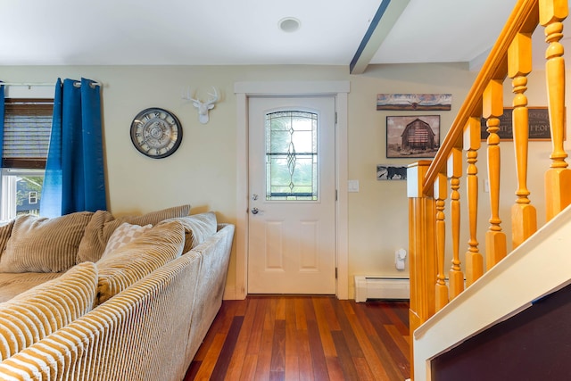 736 Webster St, Lewiston, ME 04240 - entryway featuring baseboard heating, plenty of natural light, wood-type flooring, stairs, and beamed ceiling