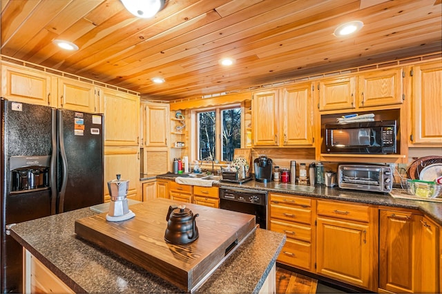 36 Worcester Way, Lincoln, ME 04457 - kitchen featuring black appliances, wooden ceiling, open shelves, and recessed lighting