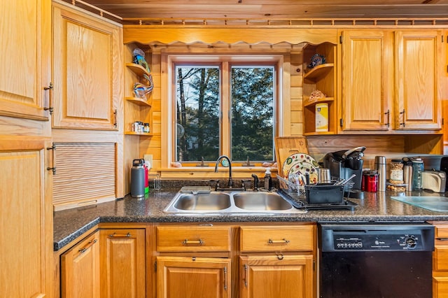 36 Worcester Way, Lincoln, ME 04457 - kitchen featuring black dishwasher, open shelves, and dark countertops