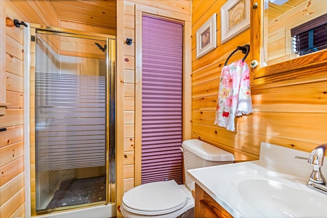 36 Worcester Way, Lincoln, ME 04457 - bathroom with wooden walls, a stall shower, and vanity