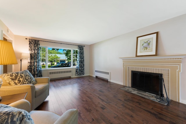 36 Woodlawn Ave, Auburn, ME 04210 - living room featuring radiator heating unit, dark wood-type flooring, and a fireplace