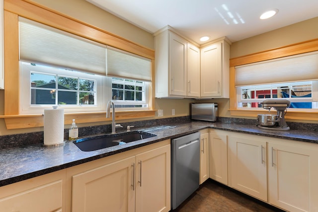36 Woodlawn Ave, Auburn, ME 04210 - kitchen featuring dishwasher, dark stone countertops, and recessed lighting