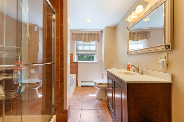 36 Woodlawn Ave, Auburn, ME 04210 - bathroom featuring plenty of natural light, vanity, baseboard heating, and a shower stall