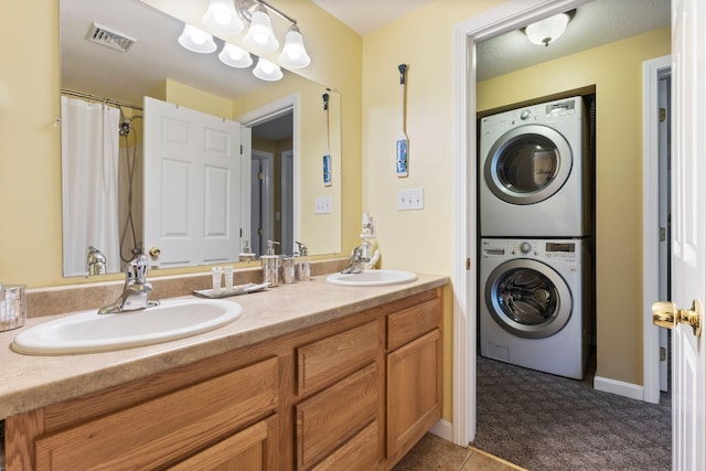 1313 Deer Run, Casco, ME 04015 - full bath with estacked washer and dryer, double vanity, and a shower with shower curtain