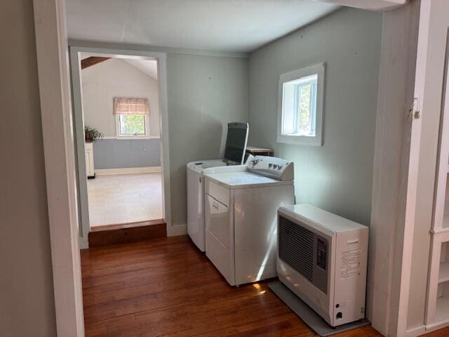 27 Dodge Rd, Edgecomb, ME 04556 - laundry room featuring washing machine and dryer, dark wood-style floors, and heating unit