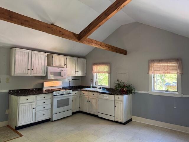 27 Dodge Rd, Edgecomb, ME 04556 - kitchen with white appliances, beamed ceiling, and high vaulted ceiling
