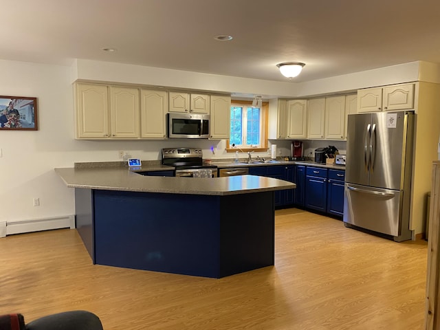 48 Stoney Ridge Rd, Eddington, ME 04428 - kitchen with stainless steel appliances, a peninsula, blue cabinets, a baseboard radiator, and light wood-style floors