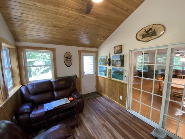 48 Stoney Ridge Rd, Eddington, ME 04428 - living area featuring vaulted ceiling, ceiling fan, wood finished floors, wooden ceiling, and a wainscoted wall